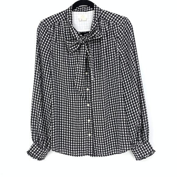 Kate Spade Women's Sz S Dashing Beauty Houndstooth Tie Neck Shirt In Black Cream - Picture 1 of 7